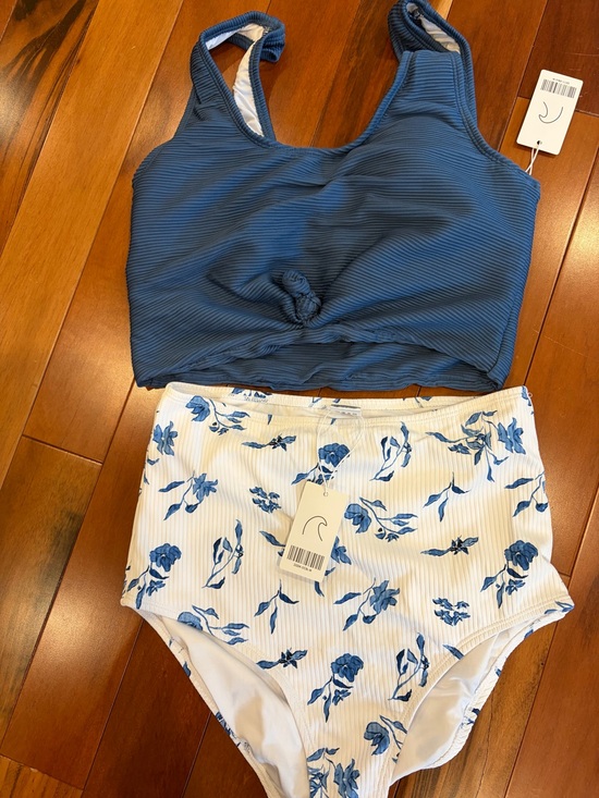 Coral Reef Other - Blue Ribbed Tank Bikini Top with White & Blue Floral High-Waist Bottoms